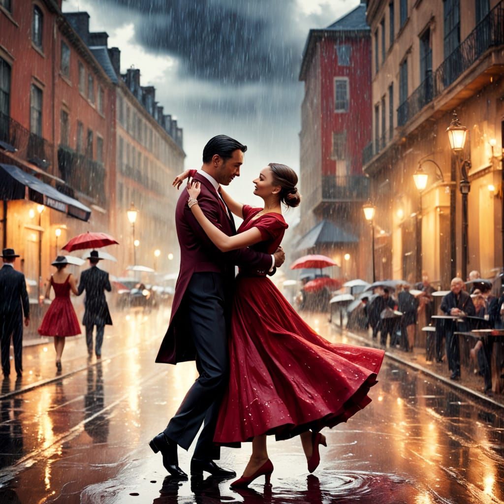 Dancing Waltz in Rainy Street, Impressionist Style