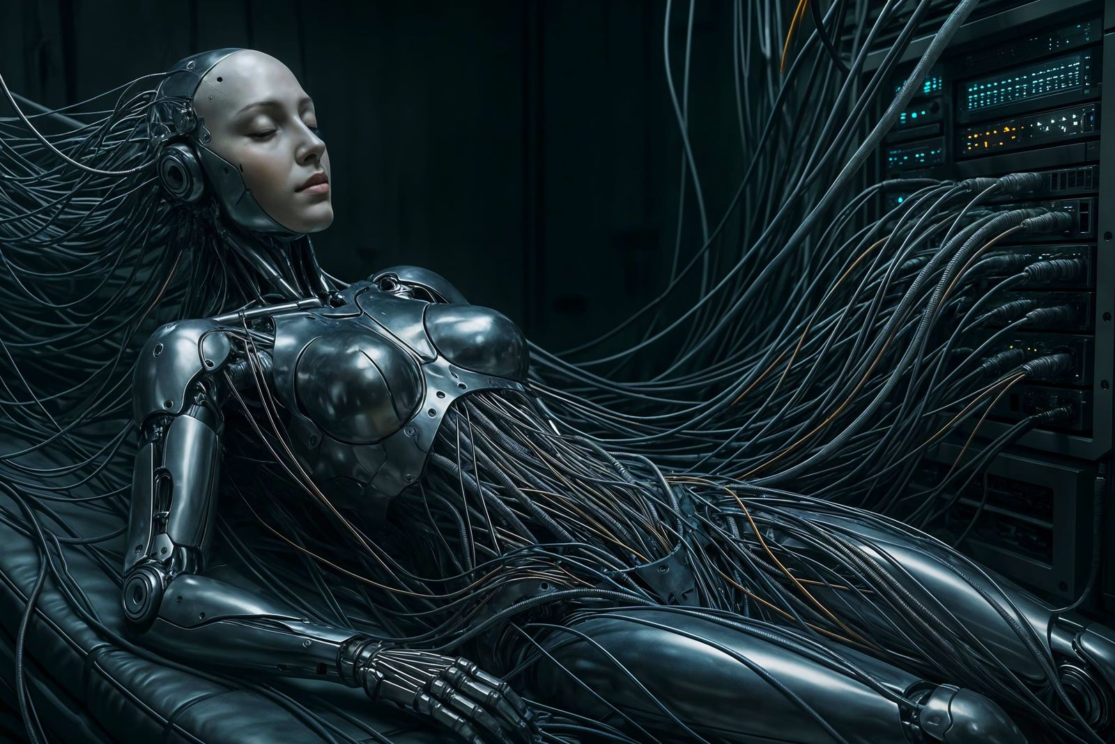 Hyperrealistic Robot Resting in High-Tech Lab