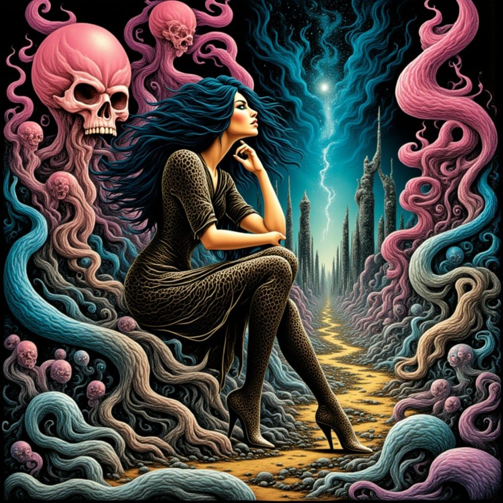 Futuristic Feline Goddess Lost in Surreal Neon Landscape