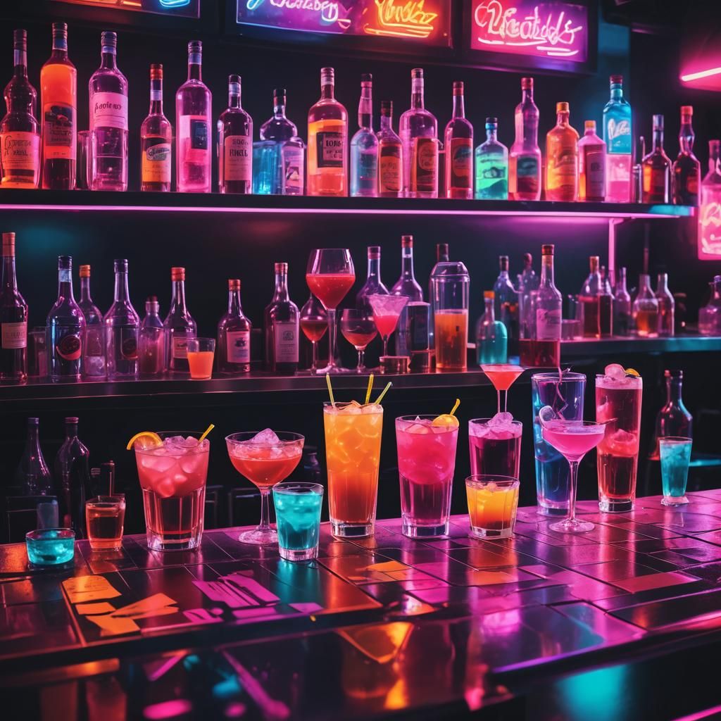 Vibrant Neon Drinks at Retro Synthwave Bar