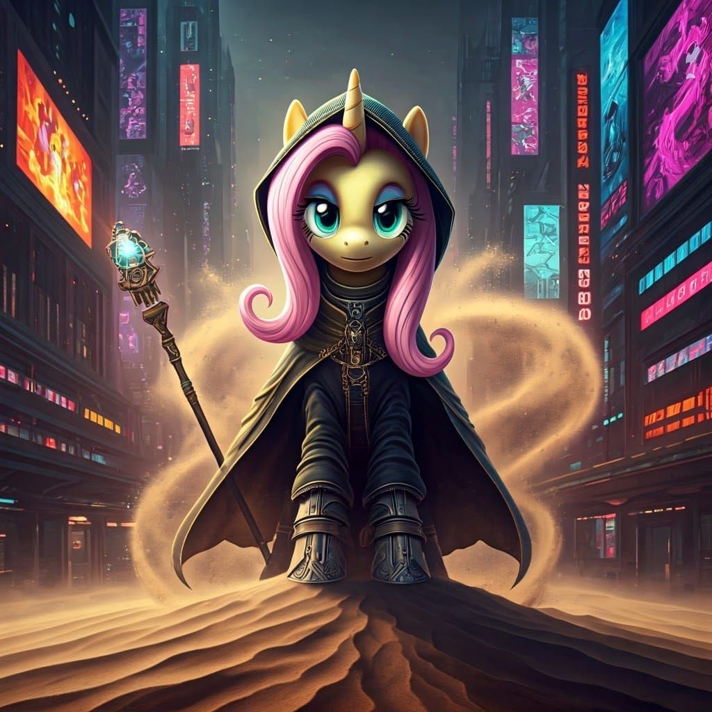 Cyberpunk Sand Mage with Fluttershy in Pony Form