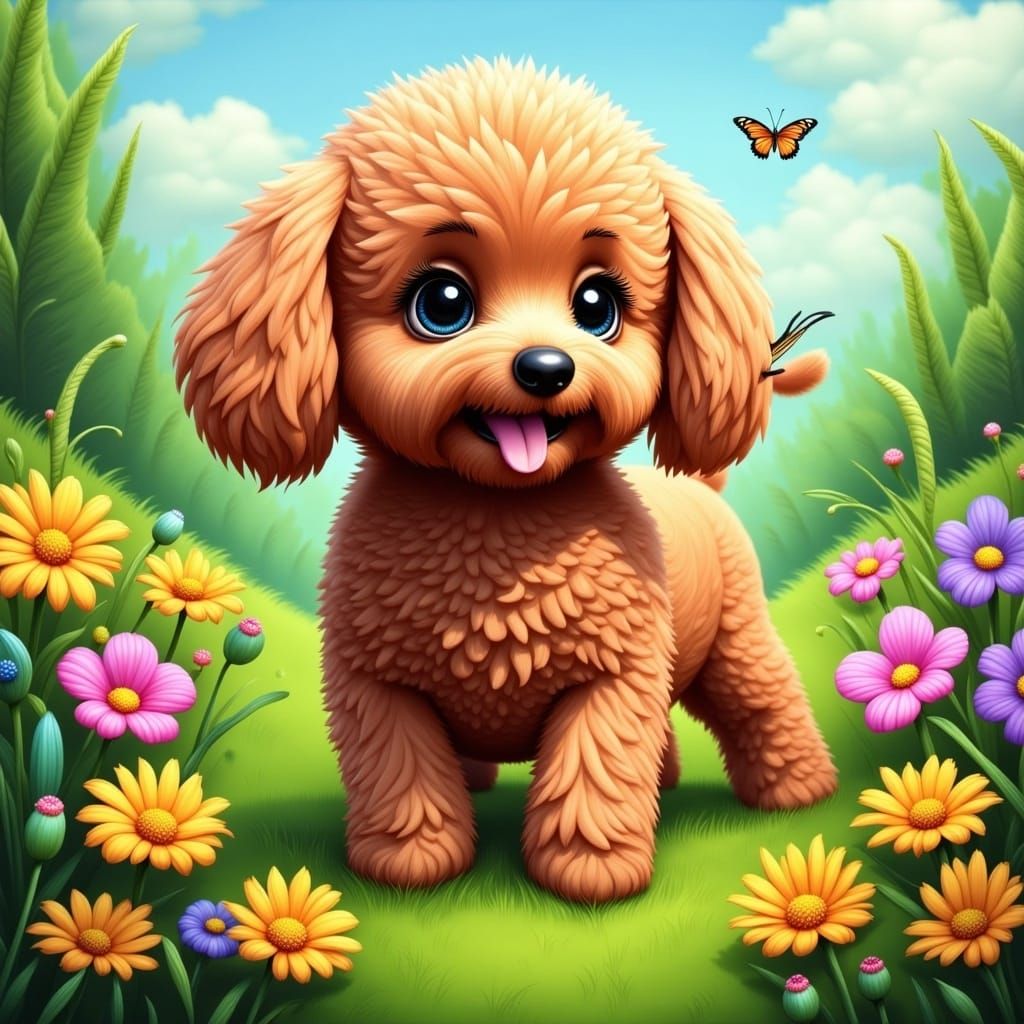 Playful Poodle in a Whimsical Meadow Scene, in a Vibrant Imp...