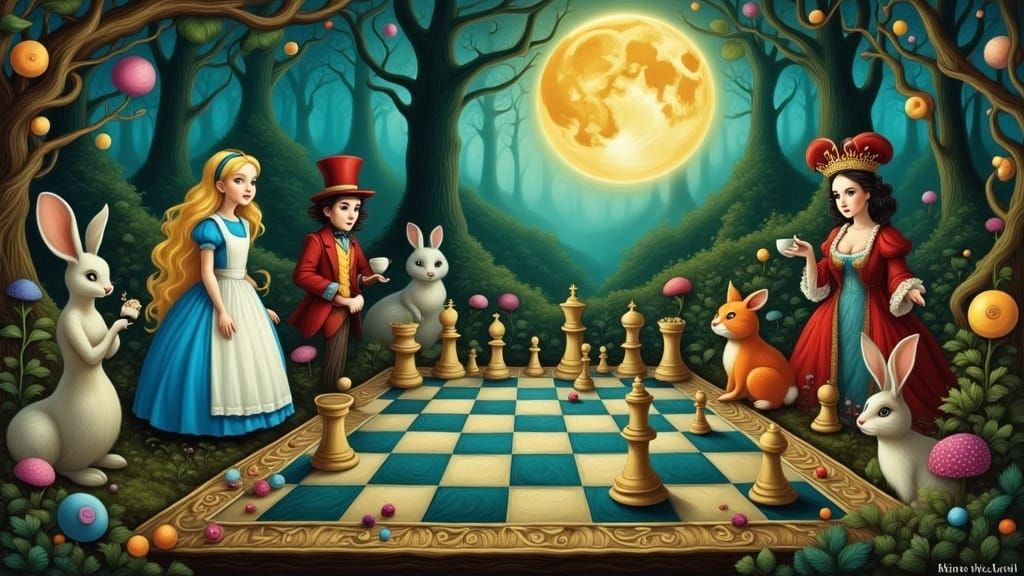 Alice in Wonderland Chess Game in Moonlit Garden