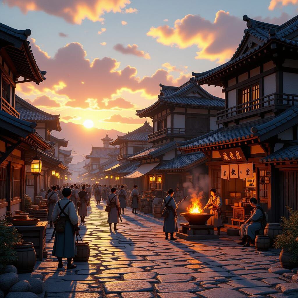 Medieval Japanese Village Forging Muskets at Sunset