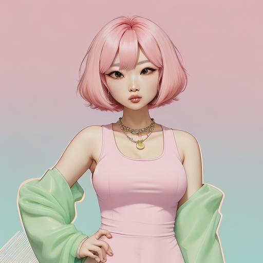 Charming Pastel Pink Cartoon Girl in Green Gem Necklace