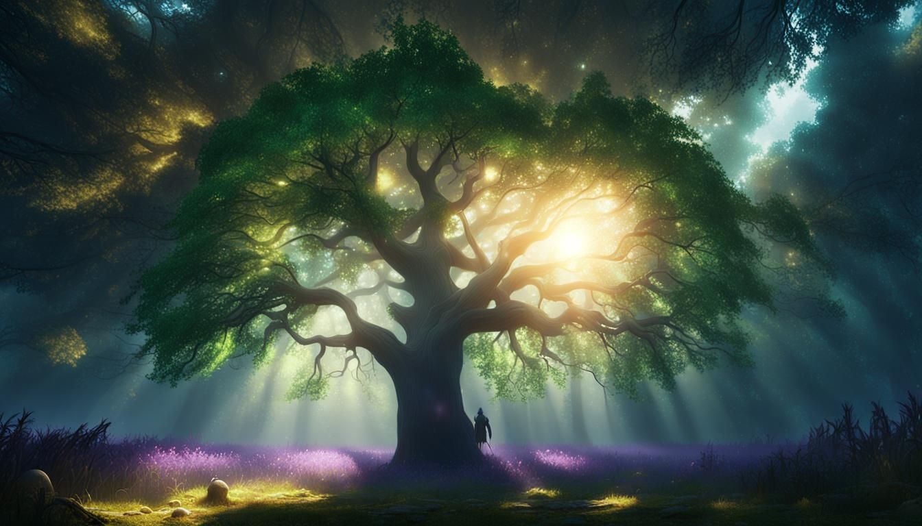 Mystical Oak Tree in Forest: Fantasy Concept Art