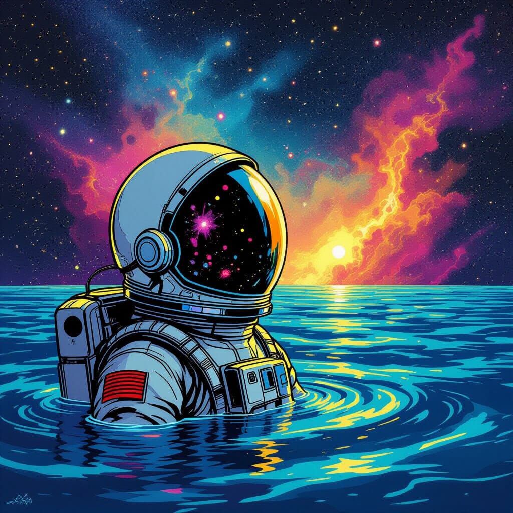 Astronaut Adrift in Cosmic Ocean Reflecting Galaxies