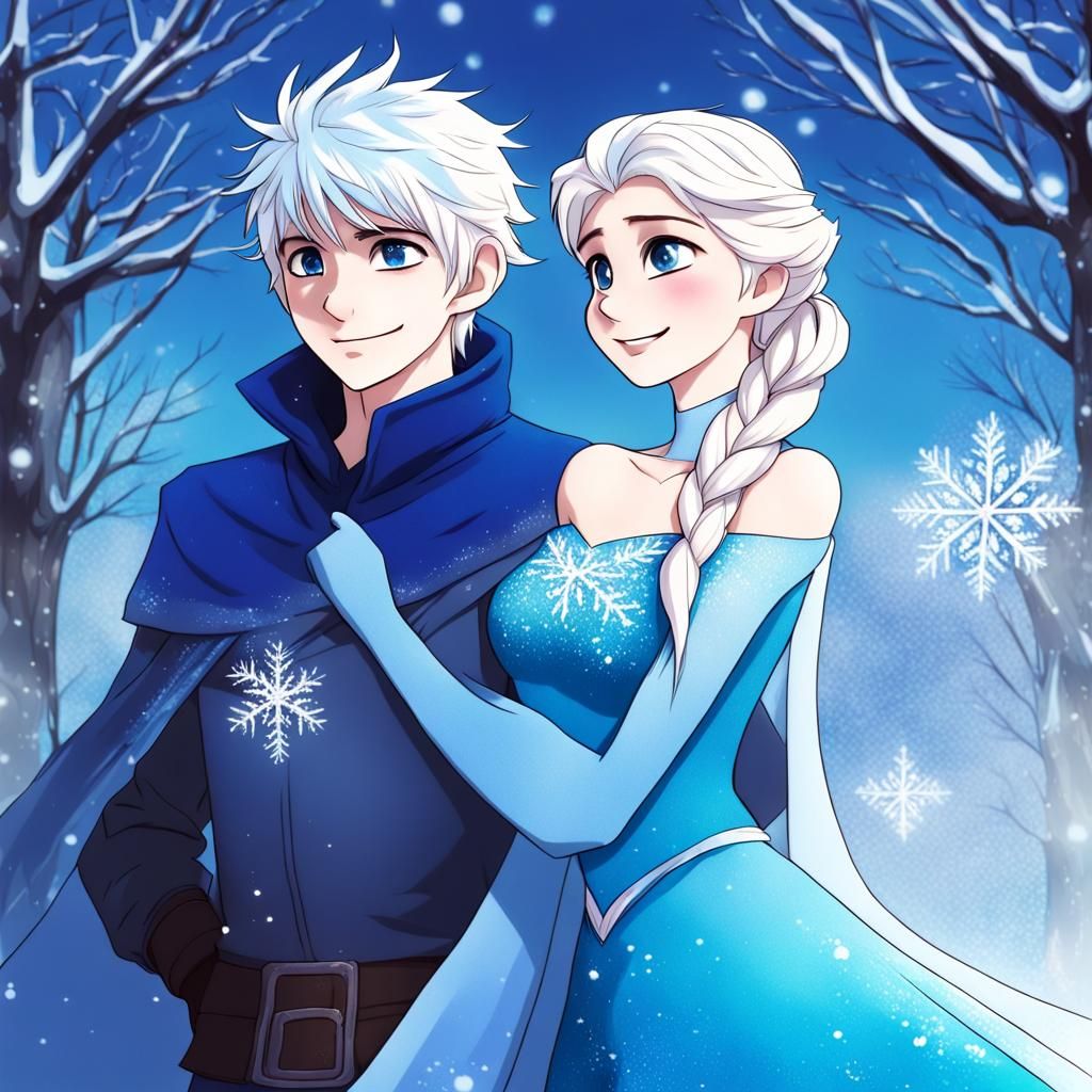 Jack Frost and Elsa in Anime Art Style