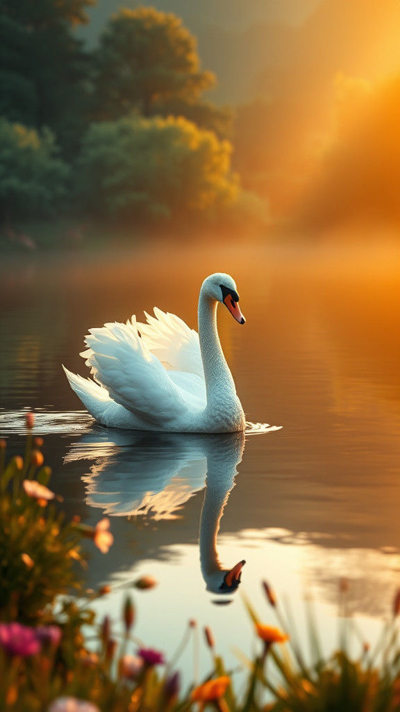 Majestic Swan Glides Across Serene Lake
