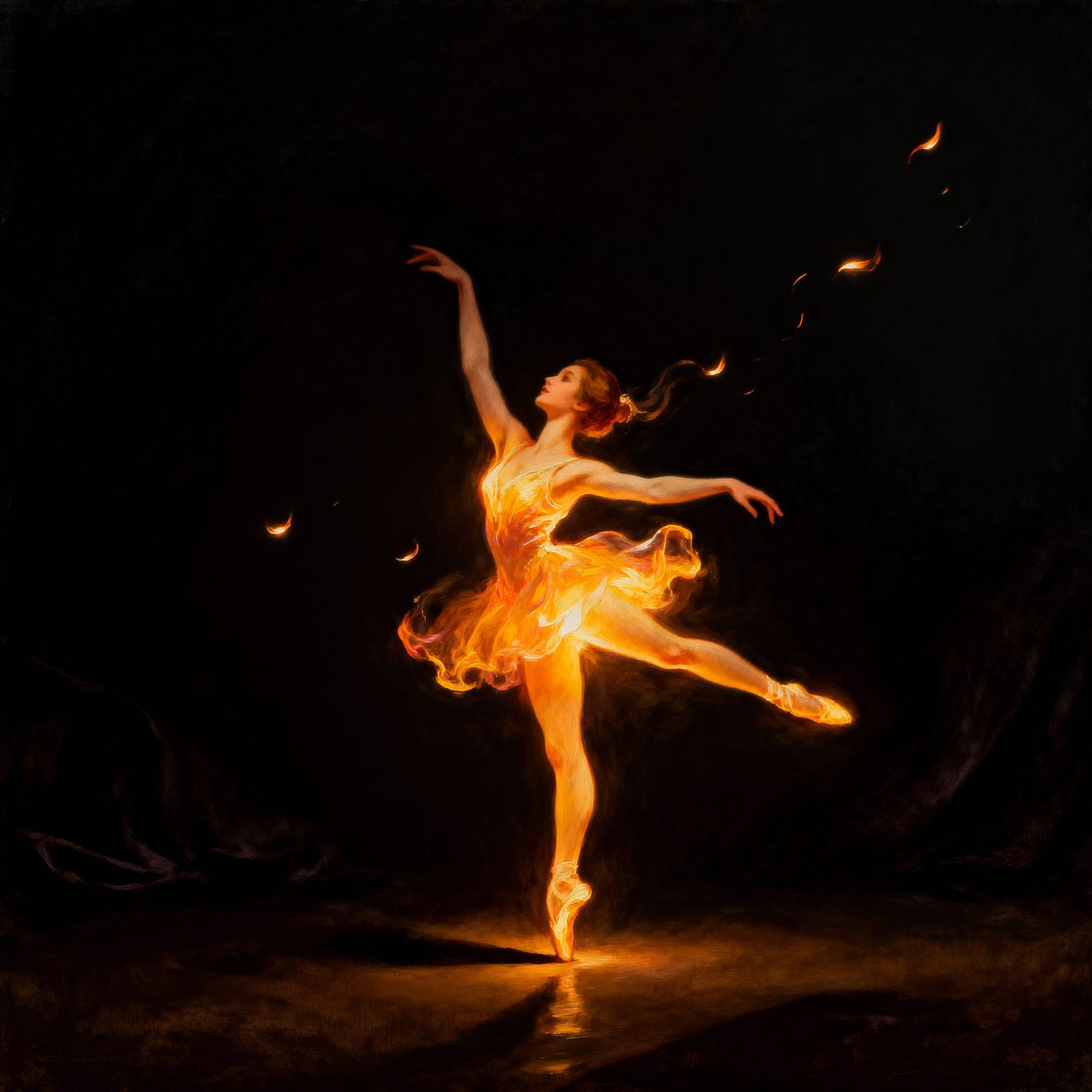 Amber Flame Dancer in Velvet Darkness