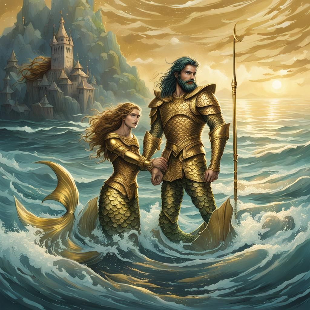 Golden Armored Mermaid and Merman Ocean Scene