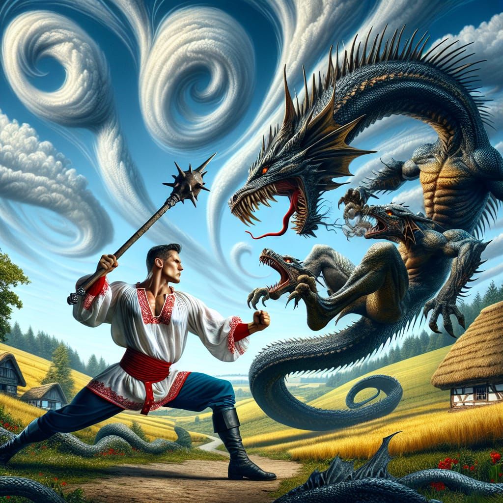 Slavic Hero Battles Three-Headed Dragon in Epic Landscape