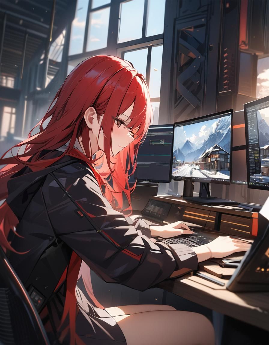 Red-Haired Architect Girl Designs 3D Building Render
