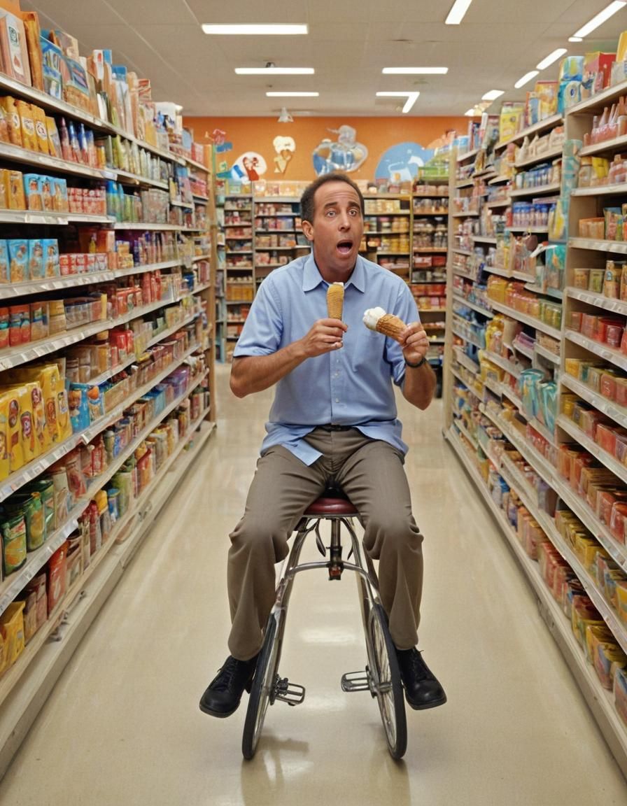 Surreal Grocery Scene: Jerry Seinfeld on a Unicycle, Eating....