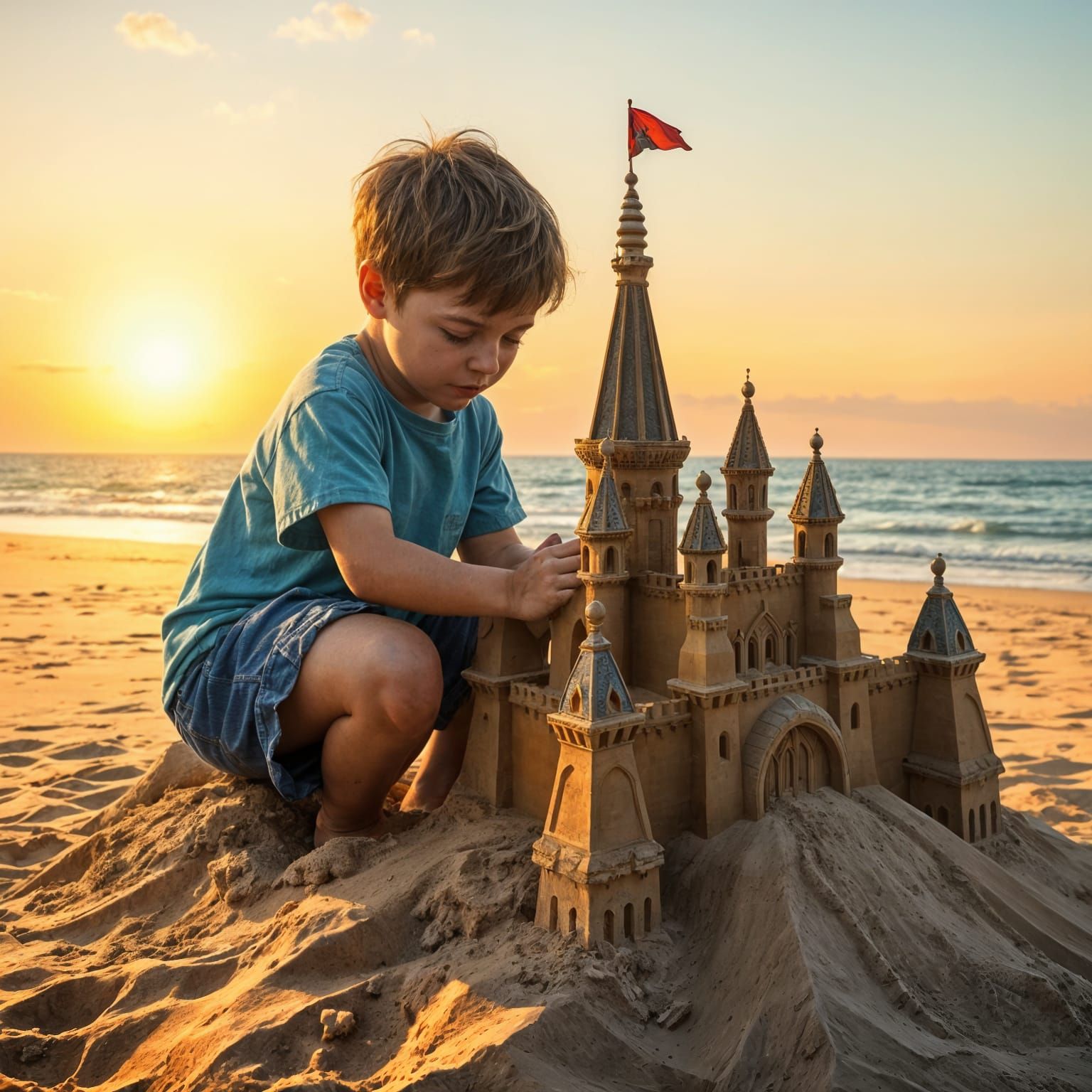 Boy Builds Sandcastle in Dreamlike Landscape