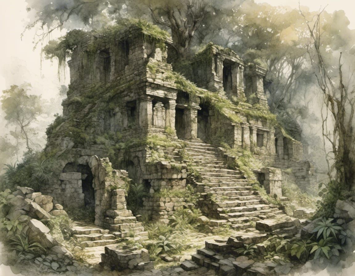 Sketch of Ancient Ruins in Virgin Forest