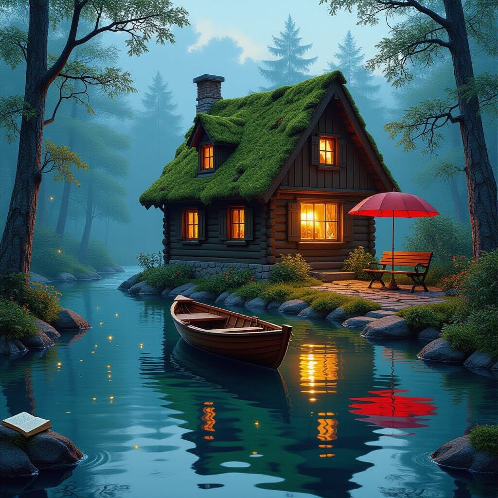 Fairytale Cabin Reflected in Crystal River at Twilight