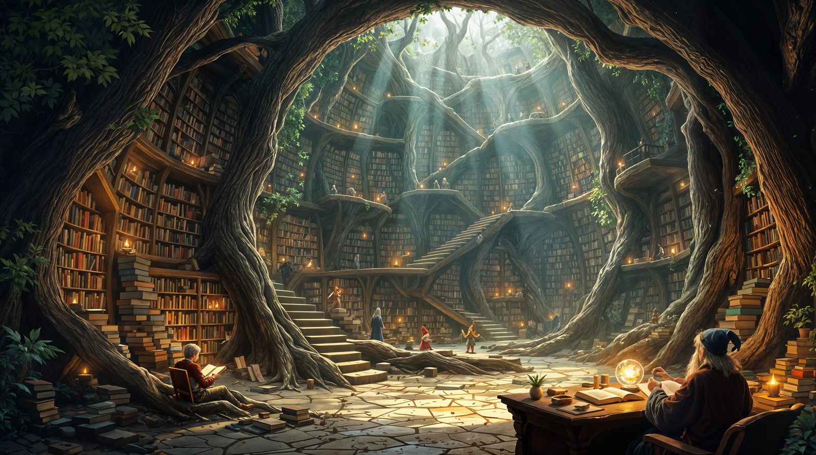 Ancient Tree Library Sanctuary in Whimsical Style