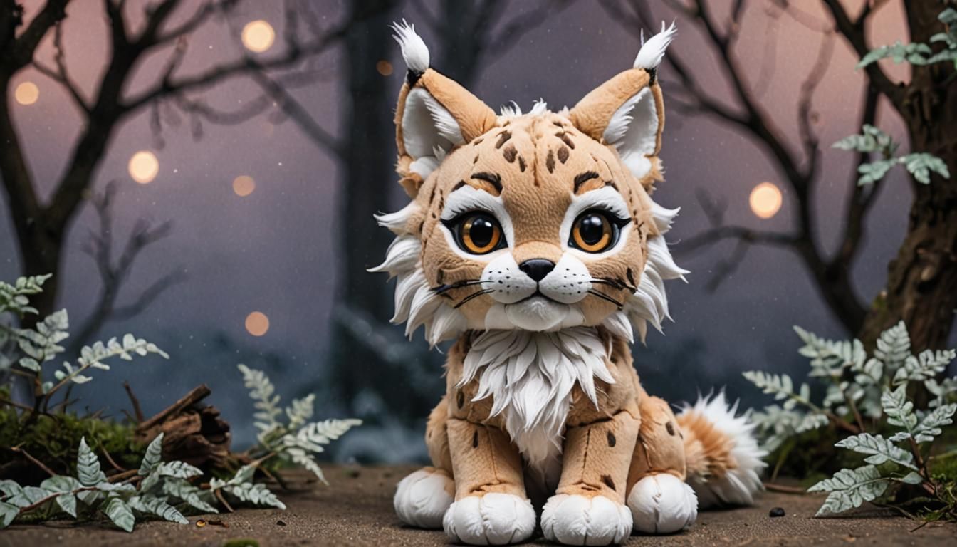 Worn Lynx Plushie with Magical Background