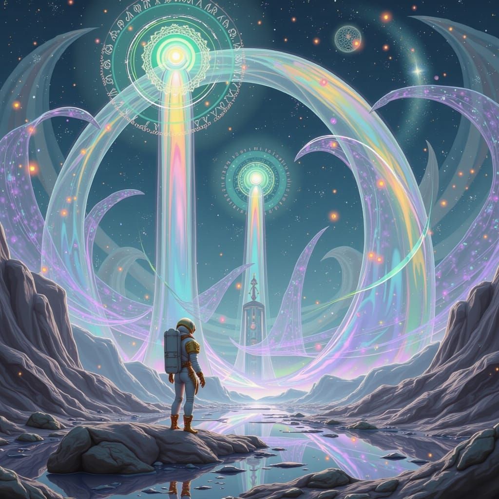 Astronaut Gazing at Shimmering Alien Portals