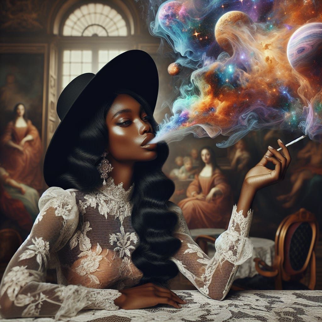 Elegant Woman Exhaling Cosmic Nebula Smoke