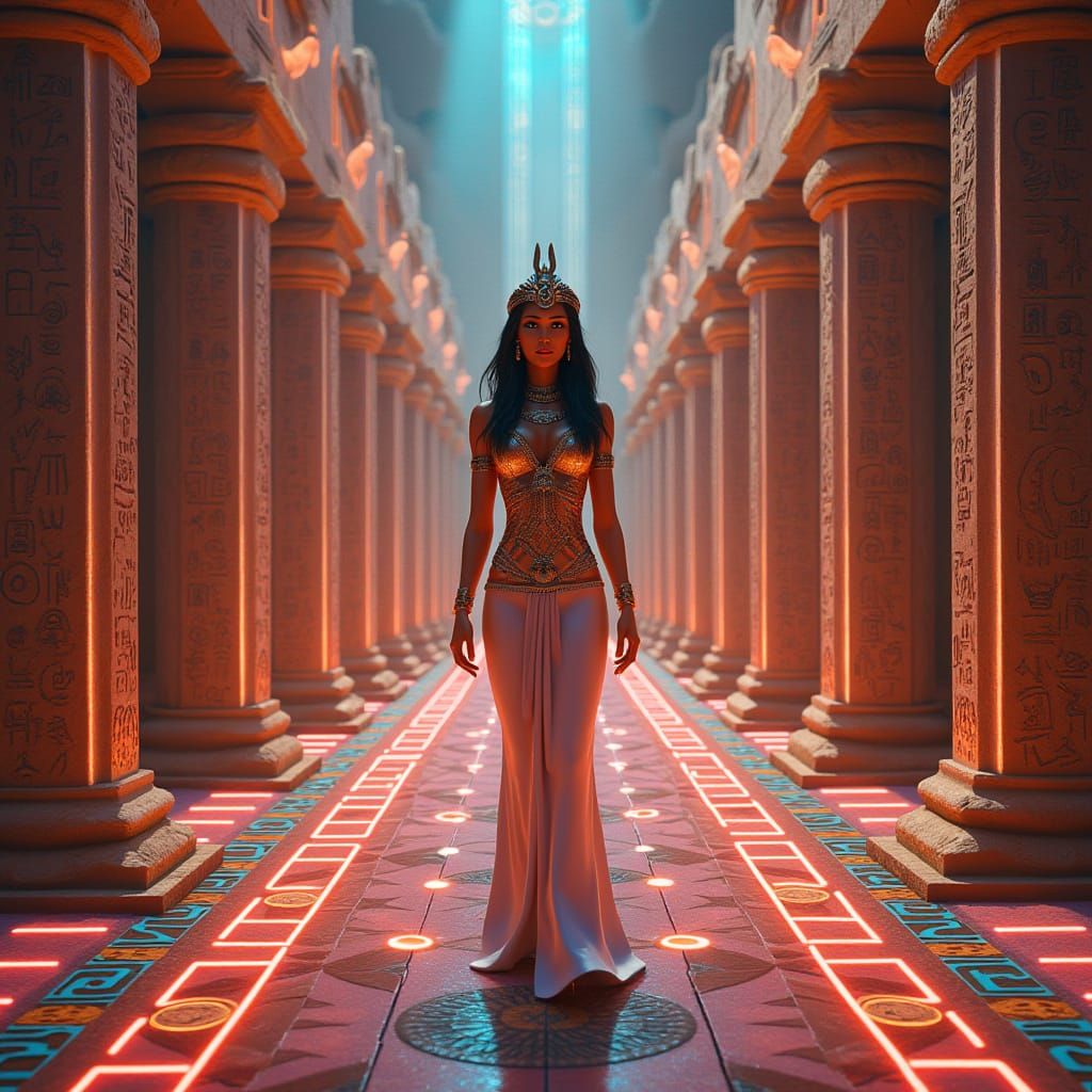 Surrealist Egyptian Goddess in a Vibrant, 3D Dreamscape