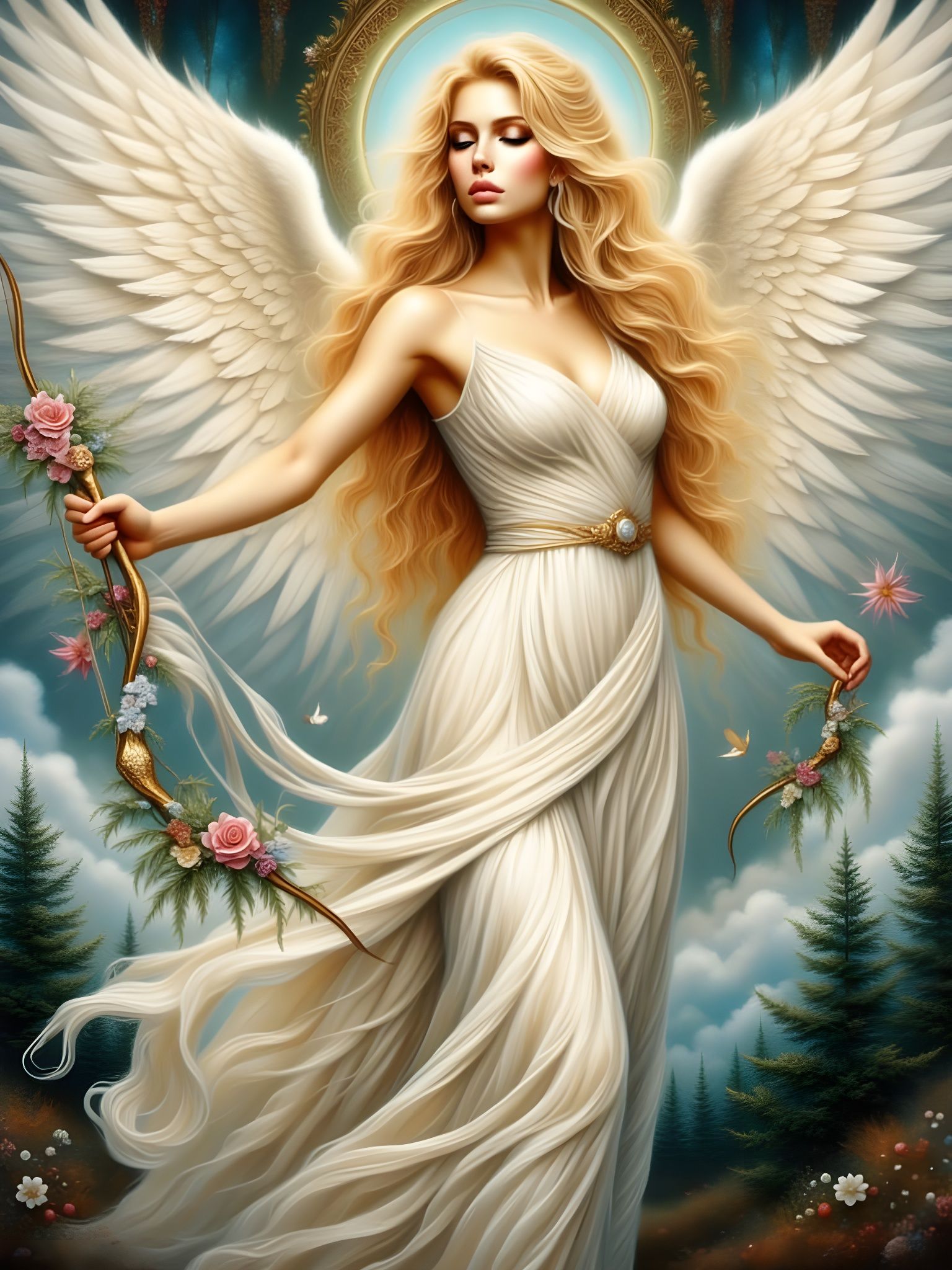 Angelic Woman with Bow and Arrow in Acrylic Style