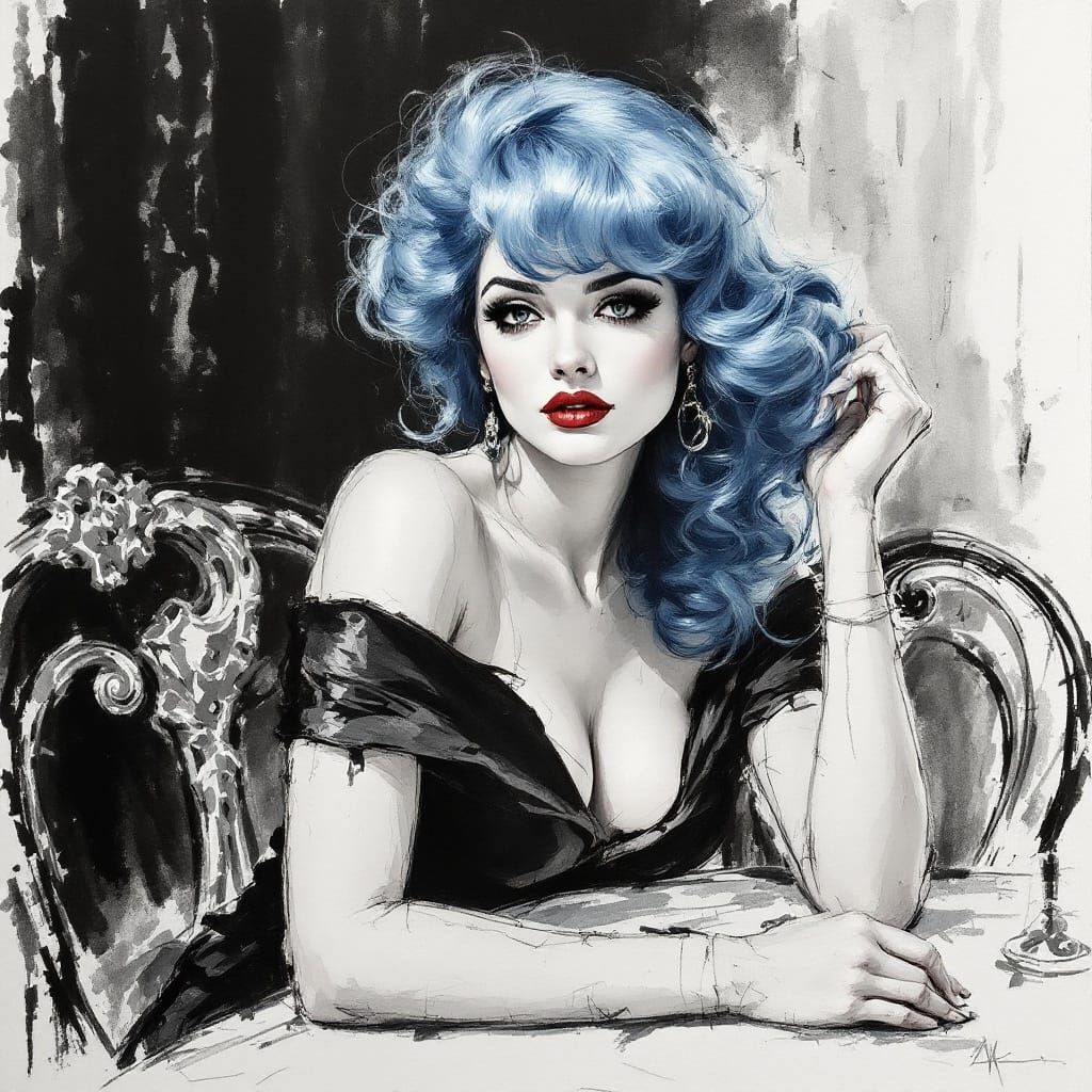 Charcoal Sketch of a Regal Woman in Lavish Attire