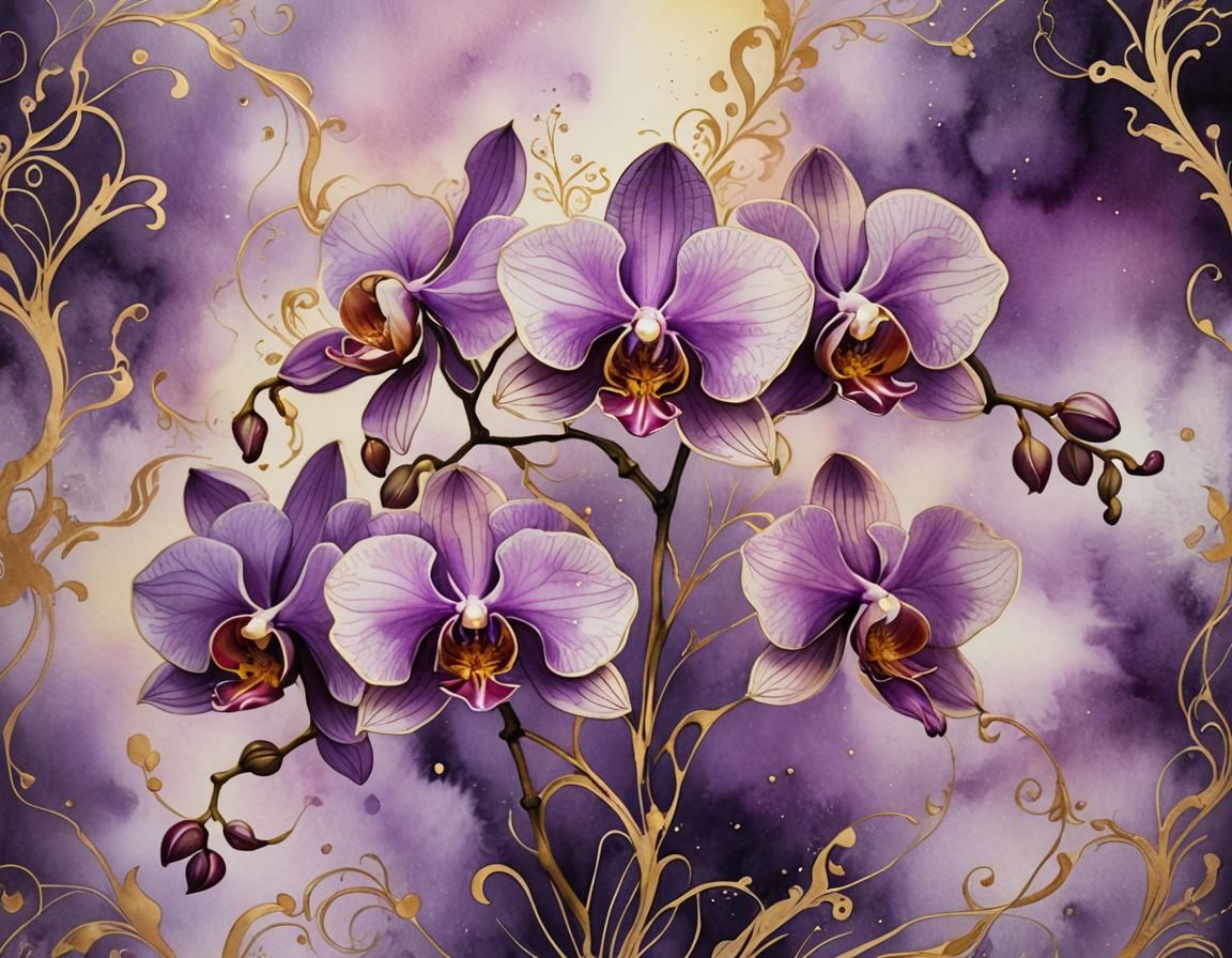 Abstract Orchid with Gold Filigree in Watercolor