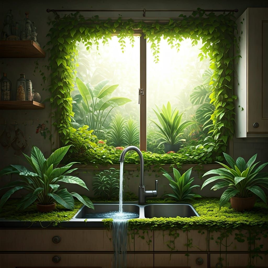 Surreal Kitchen Jungle with Waterfall Faucet