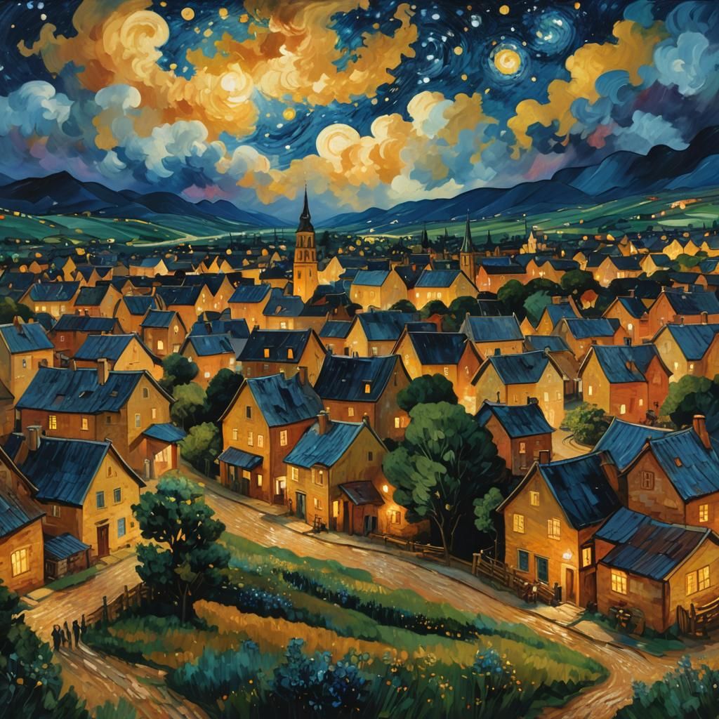 Dancing Under Stars: Impressionistic Village Scene