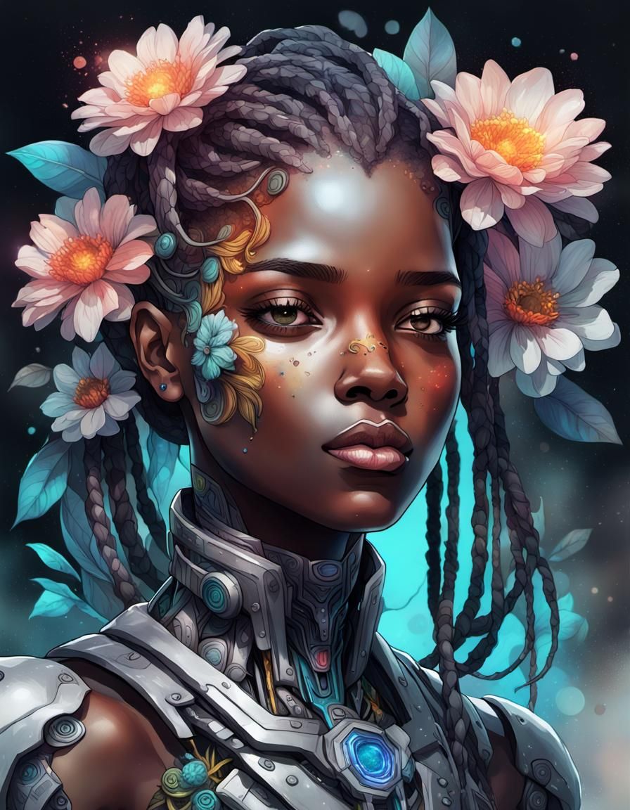 Cyborg Smelling Flower in Pencil and Watercolor Style