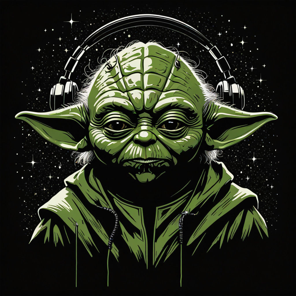 an ink vector drawing of master Yoda head portrait over a black stary background. A headset around the neck