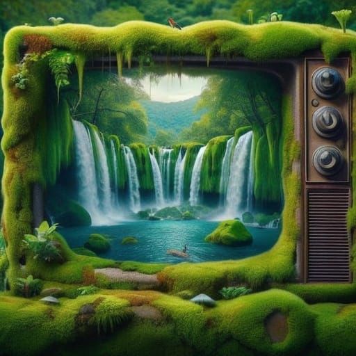 Dreamlike Waterfall Scene in a Moss-Covered TV