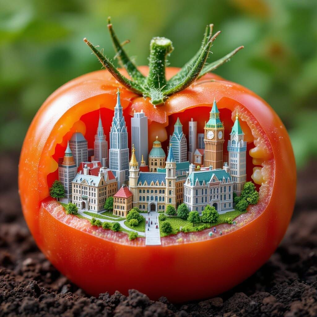 Miniature City Carved Inside a Tomato