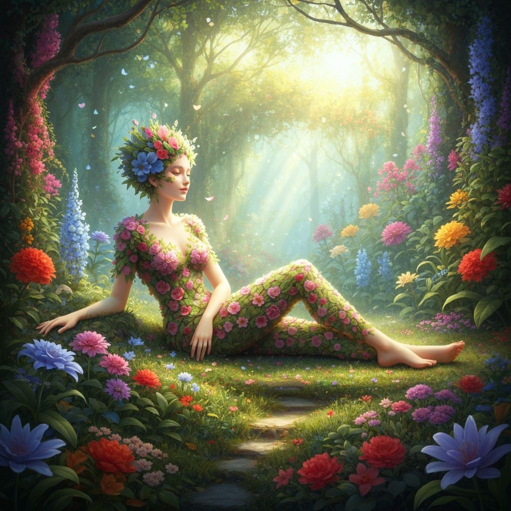 Woman Made of Flowers Reclining in Enchanted Forest