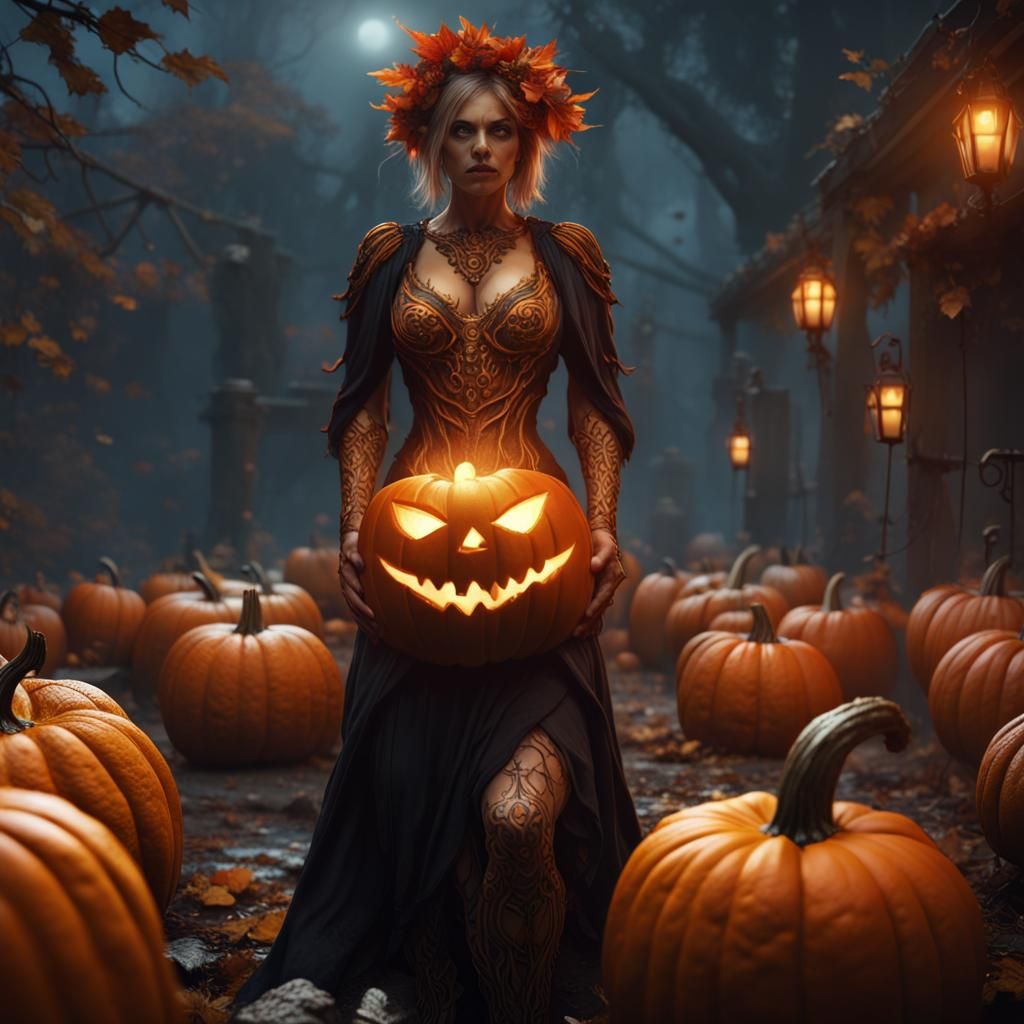 Fantastical Pumpkin Woman in Detailed Matte Painting