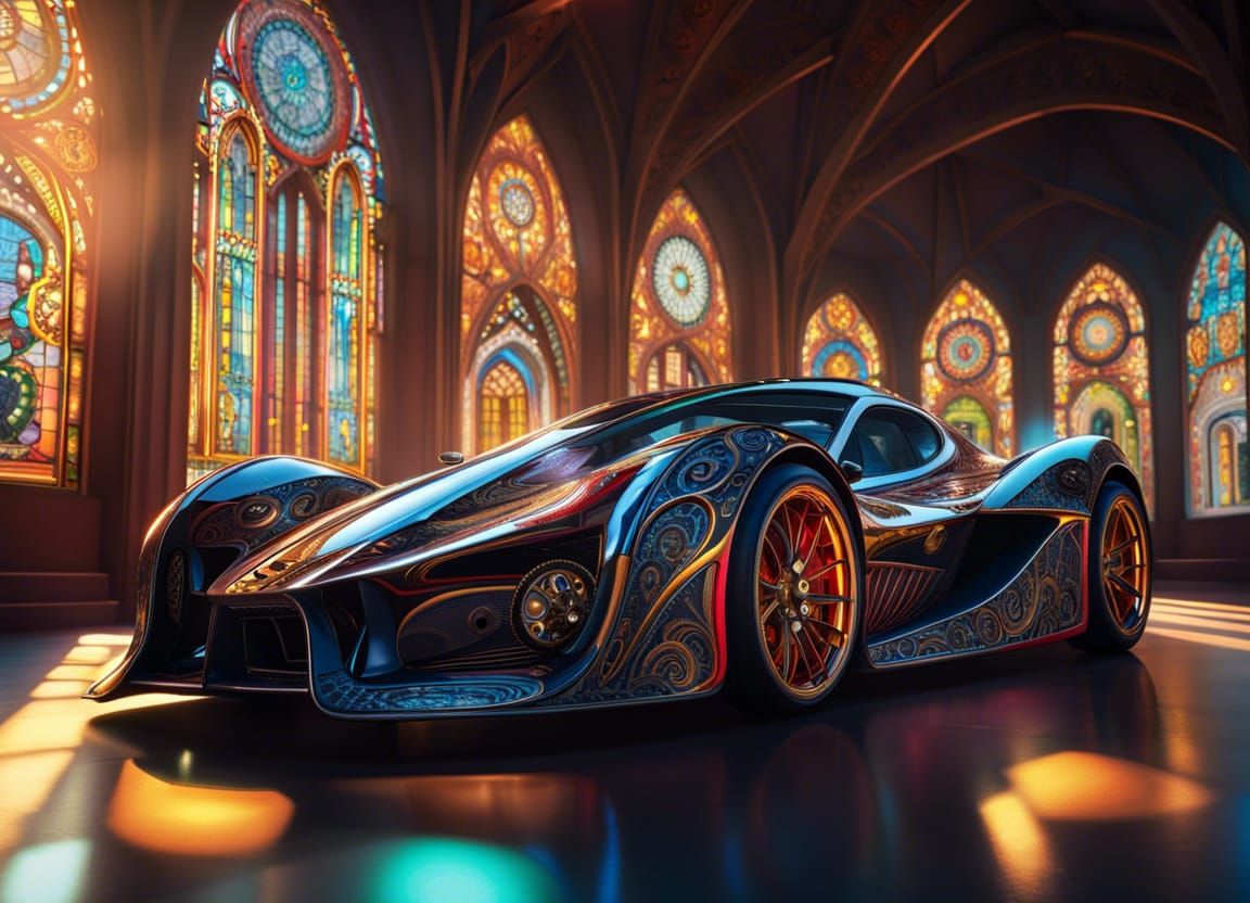 Glowing Stained Glass Racecar in Gothic Setting