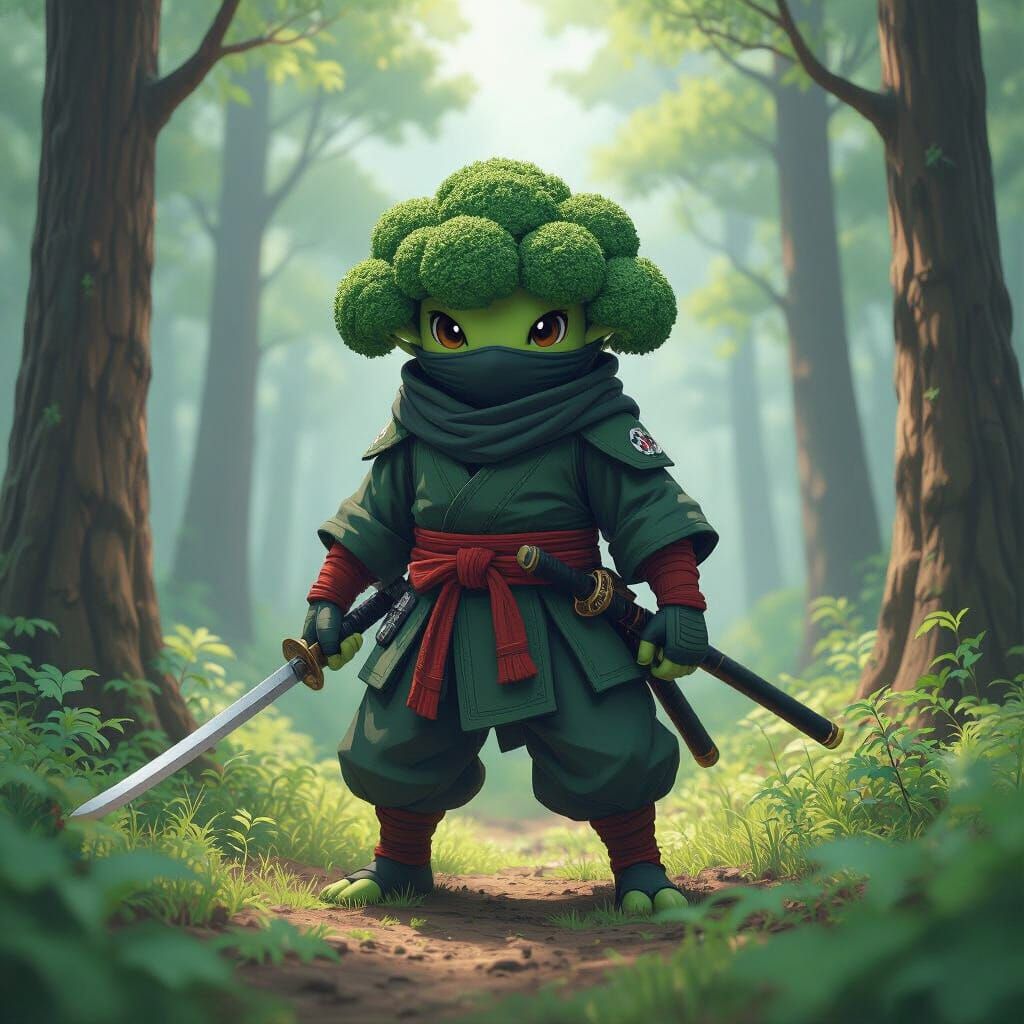 Broccoli Ninja Hero in German Forest: 3D Anime Art
