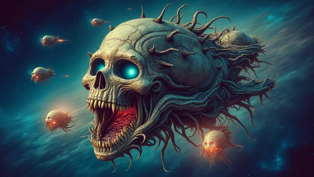 Dark Organic Spaceship with Twisted Bio-Mechanical Tendrils