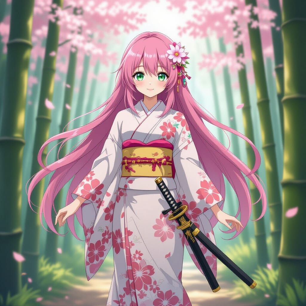 Anime Girl in Futuristic Kimono in Bamboo Forest