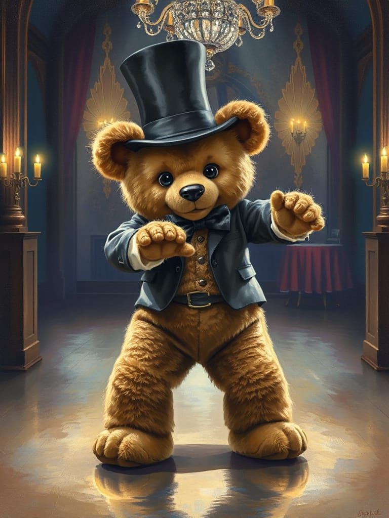 Teddy Bear Tap Dancing in Art Deco Ballroom, Gouache Paintin...