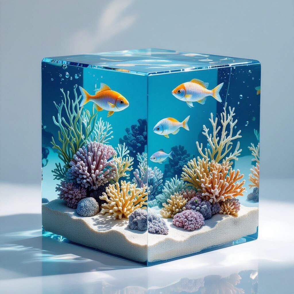 Cube-Shaped 3D Resin Artwork with Underwater Scene
