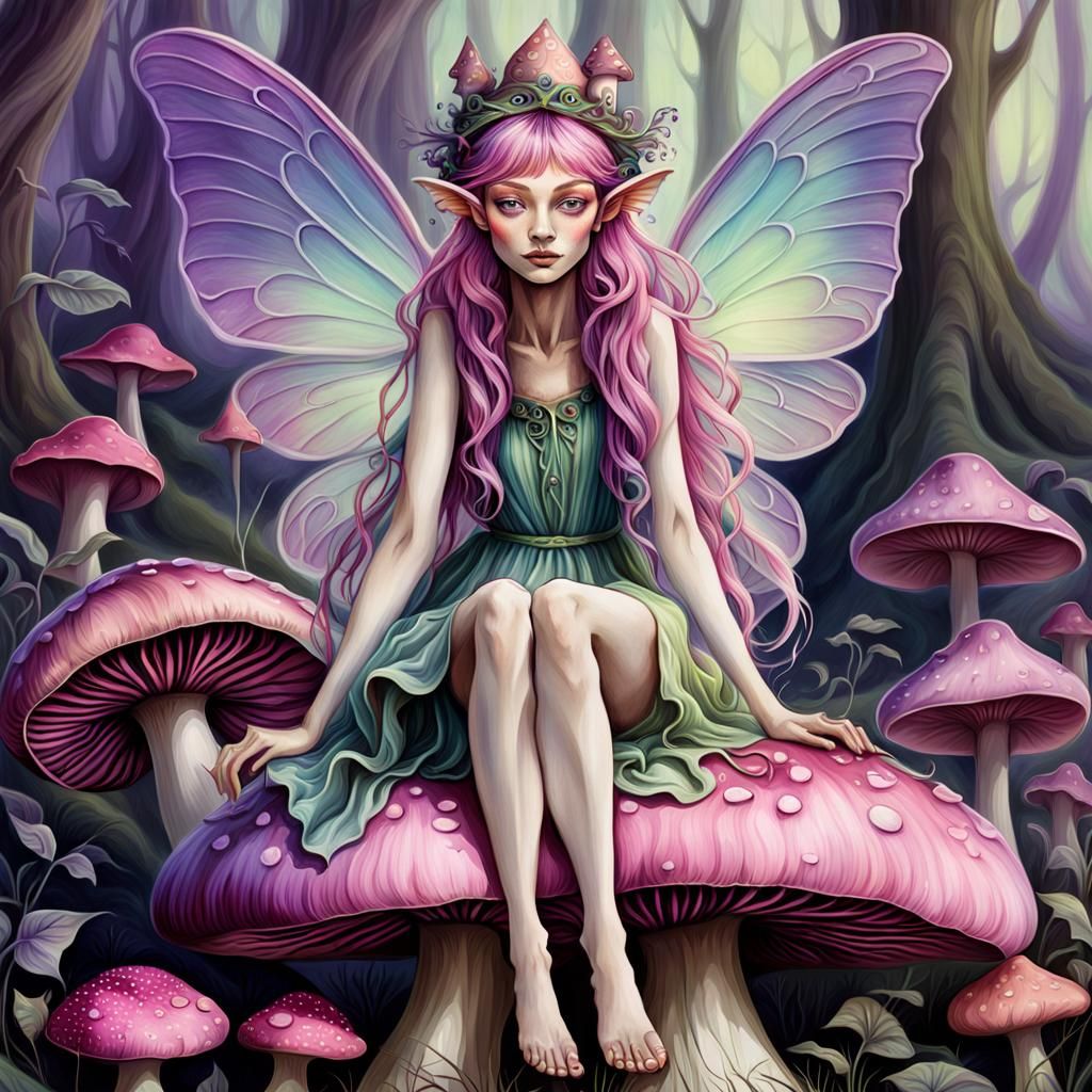 Fauvist Fairy Portrait on Giant Mushroom
