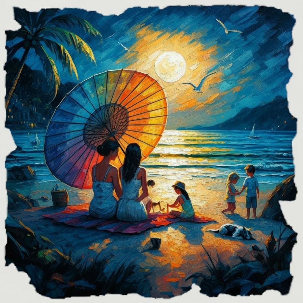 Impasto Painting of Summer Night at Tropical Beach