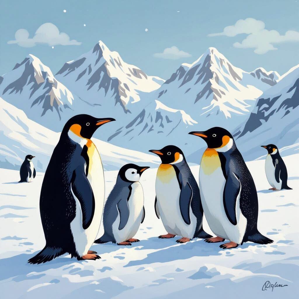 Penguins Frolic in Antarctic Snow: Whimsical Illustration