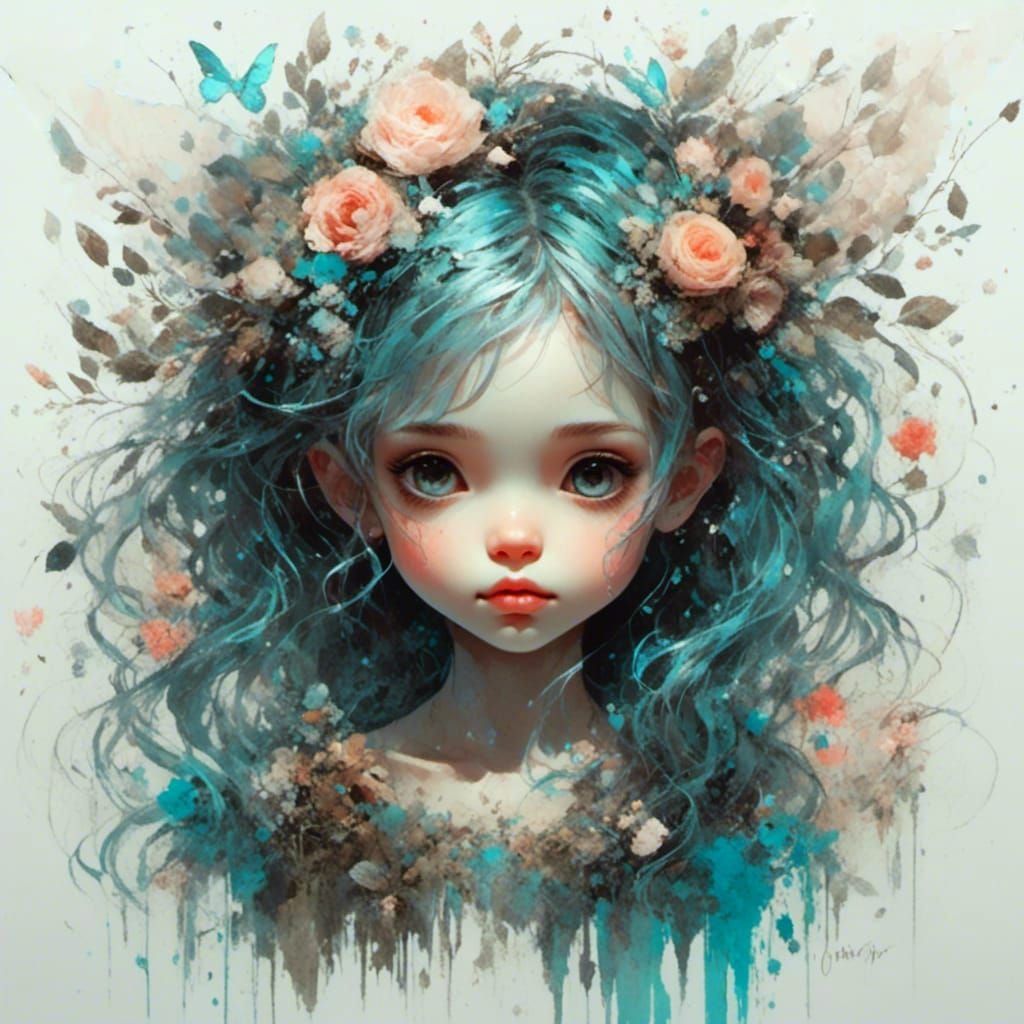 Chibi Woman with Expressive Eyes in Maximalist Style