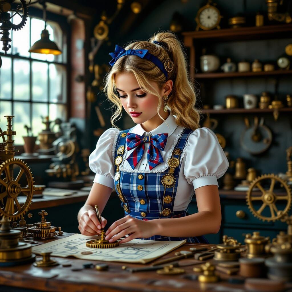 Steampunk Schoolgirl in Whimsical Clockwork Workshop