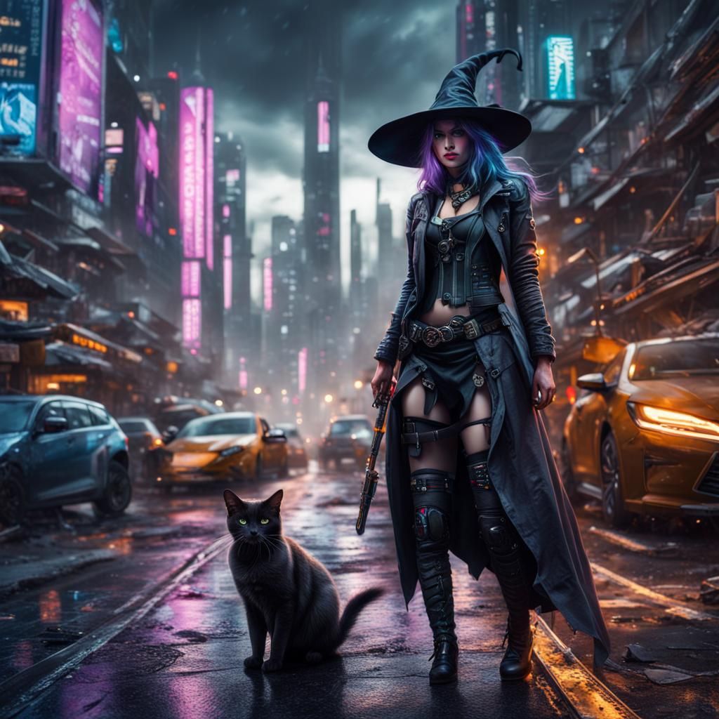 Cyberpunk Witch and Cat Familiar in Cityscape