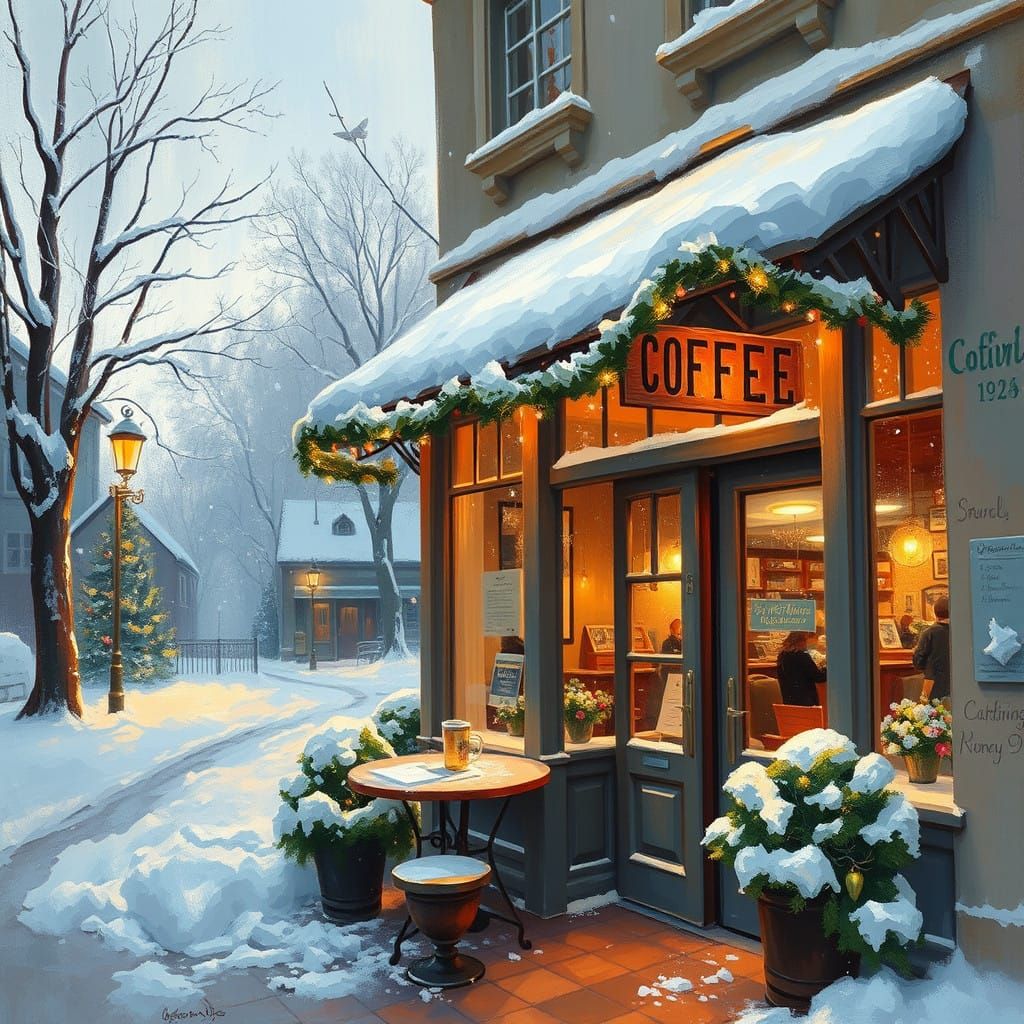 Cozy Winter Scene with Christmas Lights in Impressionist Sty...